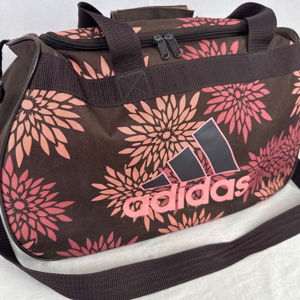 Adidas Floral Duffel Bag Brown Pink Orange Chrysanthemum Gym Travel Small Bag - Picture 2 of 9